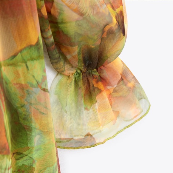 NWT Zara Printed Tulle Dress Green & Yellow - Picture 8 of 11